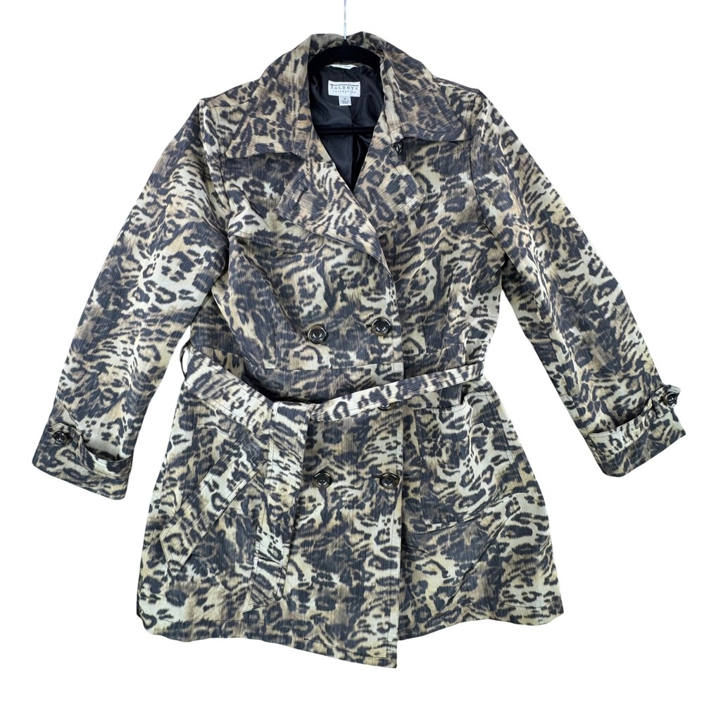 Talbots Collection Leopard Print Trench Coat Brown Italian Fabric Belted Sz 14